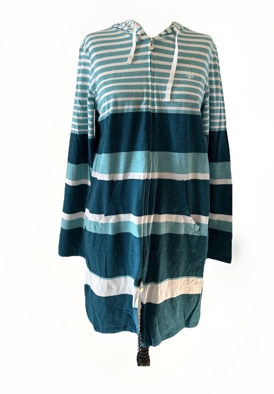 Coolibar Womens XS Cabana Hoodie UPF 50+ Swim Dress Cover Up White/aqua NWT